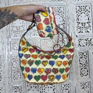 Vtg Y2K Dooney & Bourke Handbag & Coin Purse Hearts Leather Rainbow Zipper